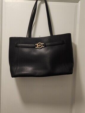 Michael Kors Black Leather Tote with Gold MK Emblem